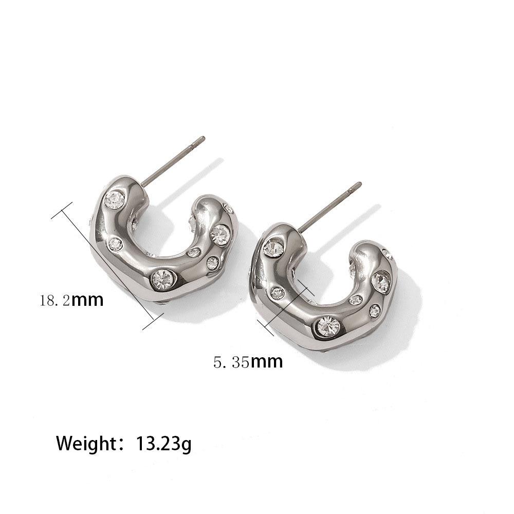 C-Shaped Full Diamond 18K Titanium Steel Stud Earrings, Hypoallergenic, Colorfast, Luxurious Design.