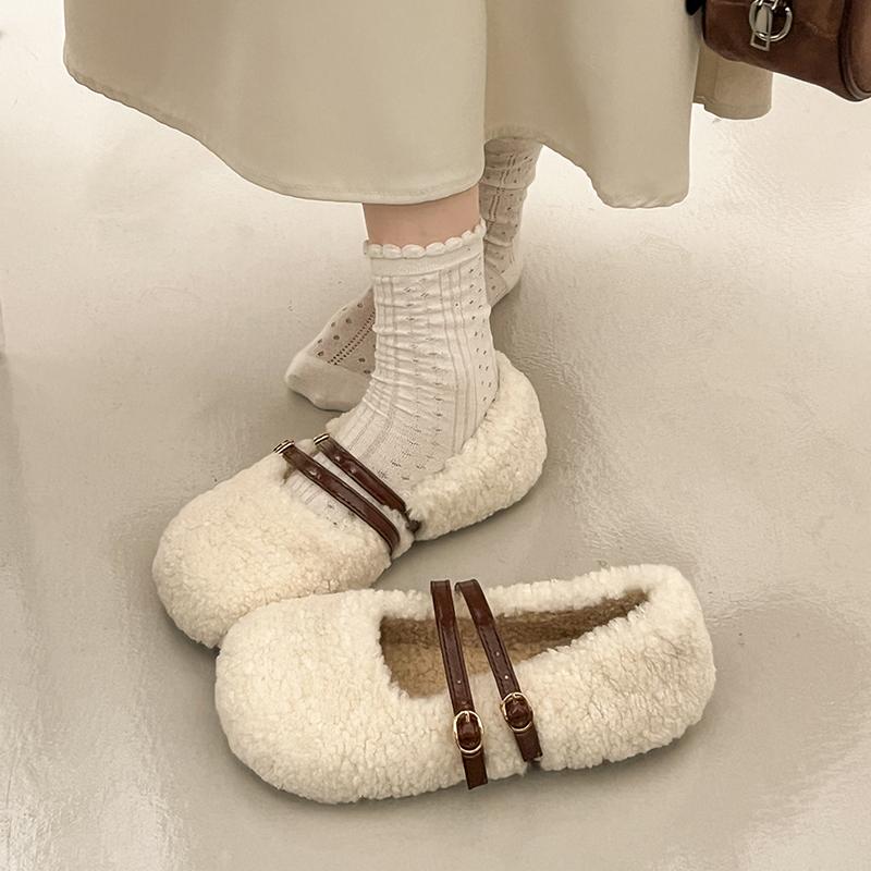 Flat Shoes Autumn New Round Toe Shallow Mouth One Belt Suede Soft Sole Non-slip Wear-resistant Cotton Shoes