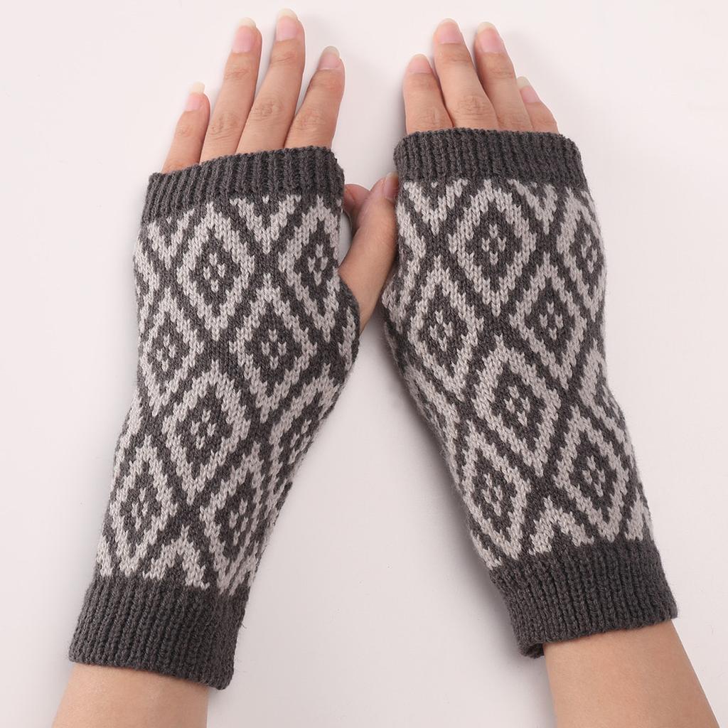 Zweifarbige rautenförmige kurze Handschuhe, neue Herbst- und Winter-Woll-Warme Ärmel, modische Damen-Strick-Fingerhandschuhe