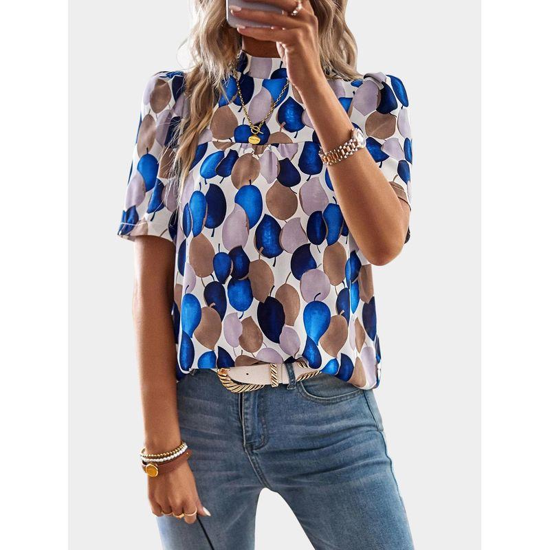 

Street Cross-Border European Station Sweet Half High Collar Leaves Print Shoelace Elegant Short Sleeve Shirt Top Shirt Color XL