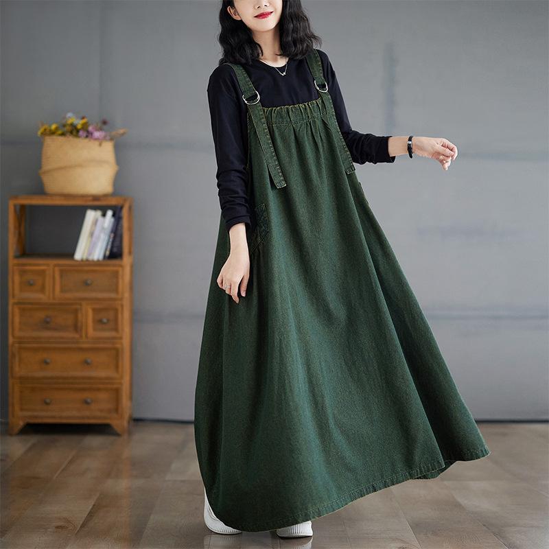 New spring, summer and autumn long dress retro loose and thin denim strap skirt long pendulum dress women's tide