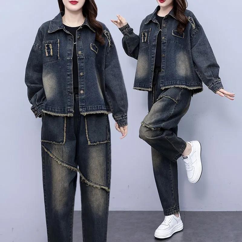 

Модные винтажные джинсовые костюмы-двойки для женщин, весна-осень, элегантные, свободного кроя, со строчкой, с длинным рукавом, больших размеров M