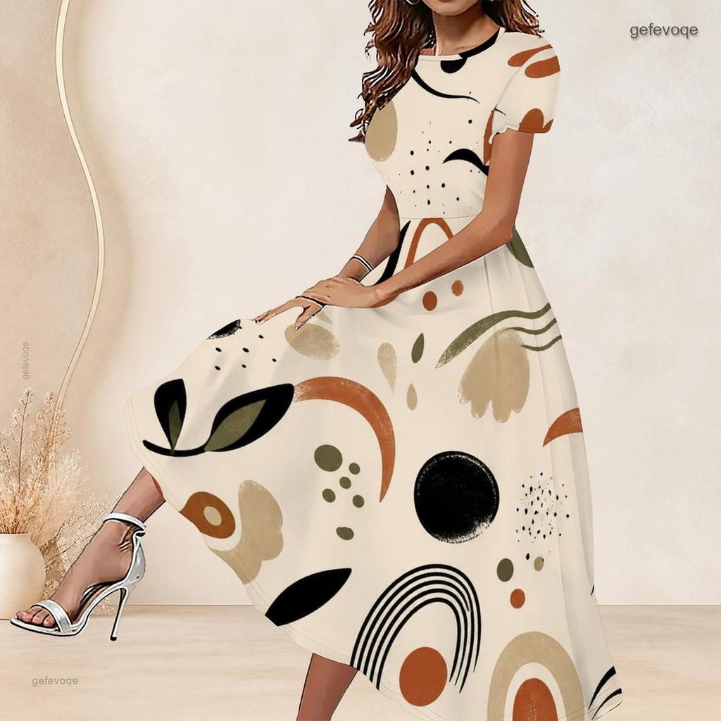 Women Plus Size Round Neck Short Sleeve Printed Gathered Waist A Line Long Dress