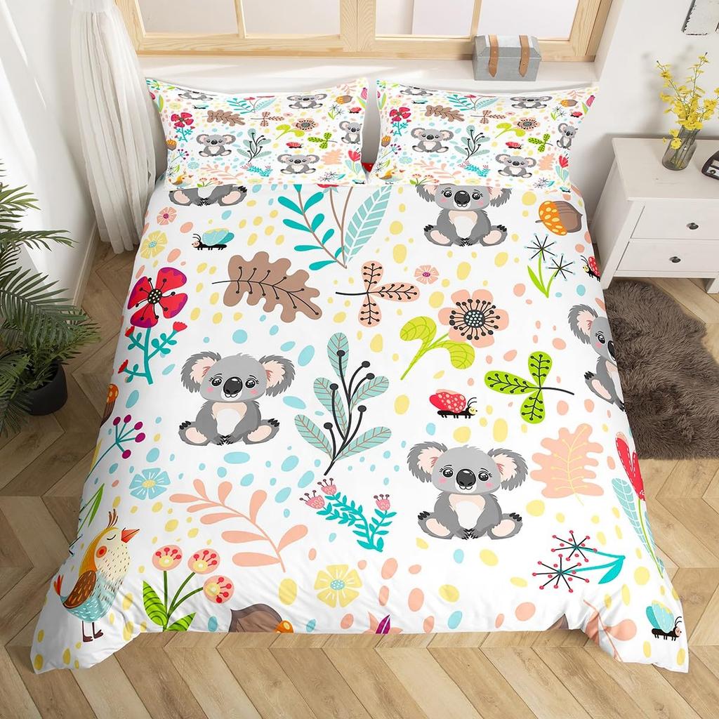 Kids Koala Duvet Cover Set, Blooming Floral Branch With A Bear Comforter Cover, Palm Tree Leaf Wildlife Cartoon Bedding Set,Twin