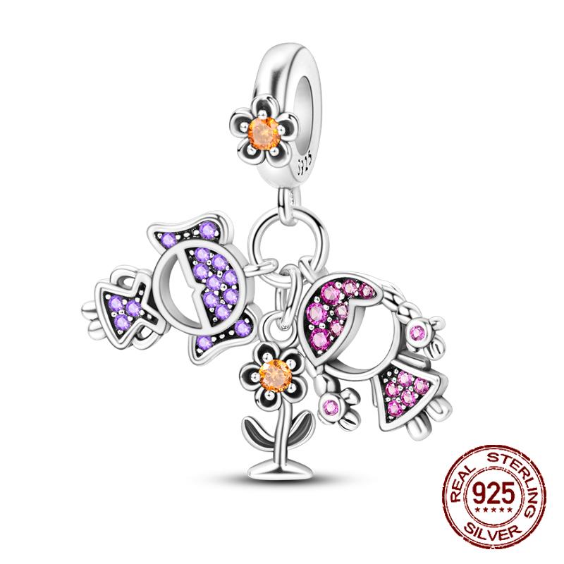 925 sterling copper boys and girls lovers pendant charms Fit 4MM hole diameter bracelet charm beads necklace Diy female Zircon