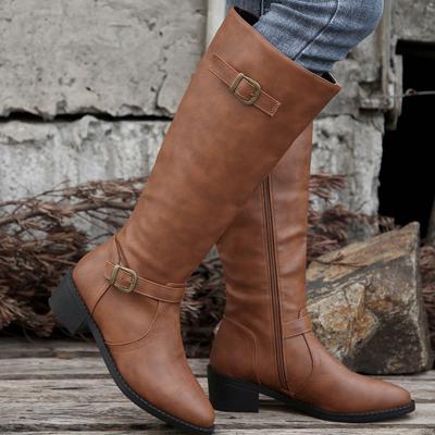 Large Size Women's Winter New Women's Leather Boots Side Zipper High Boots High Heel Belt Buckle Knight Boots