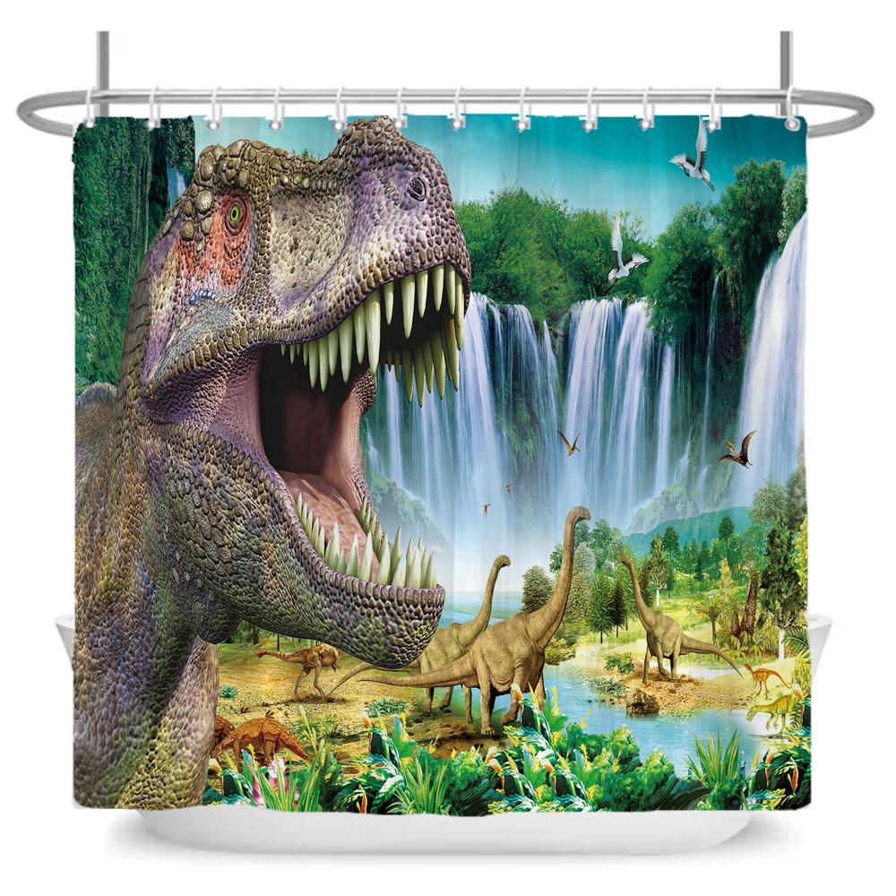 Funny Dinosaur Shower Curtain Bathroom Dino Cool for Kids Boys Silhouette Animal Cartoon White Fabric Bath Curtain Home Decor