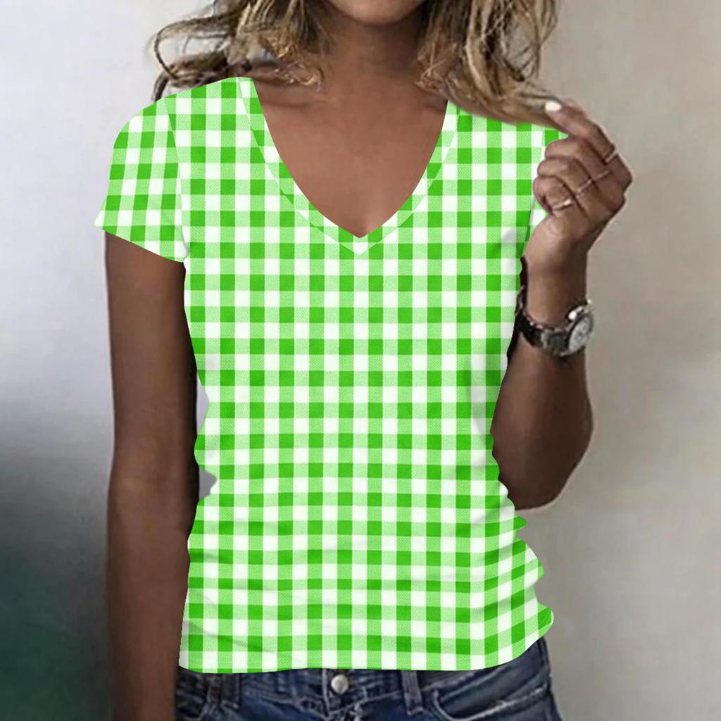 Women’s Fashionable Casual V-neck Short-sleeved Check Print Slim-fit Lightweight T-shirt Top
