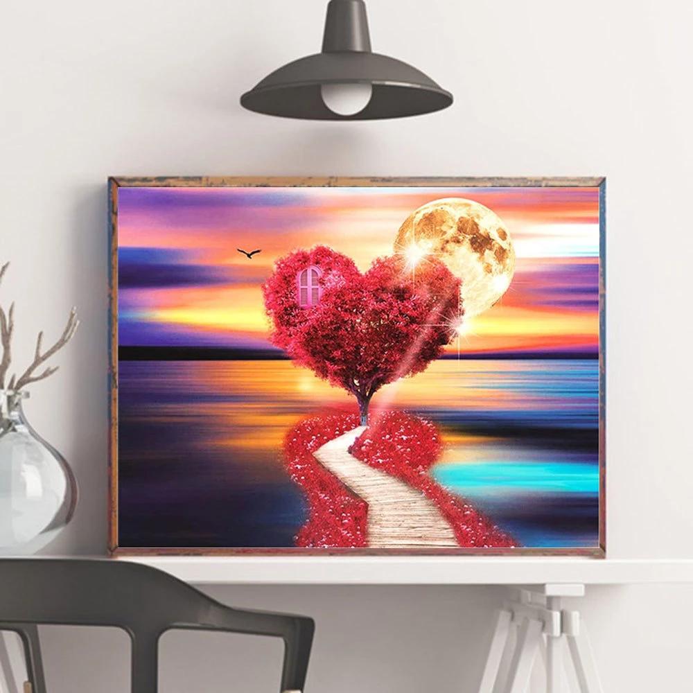 Full Square Diamond Painting Tree Heart 5D DIY Diamond Embroidery Cross Stitch Landscape Sunset Mosaic Wall Art Decor