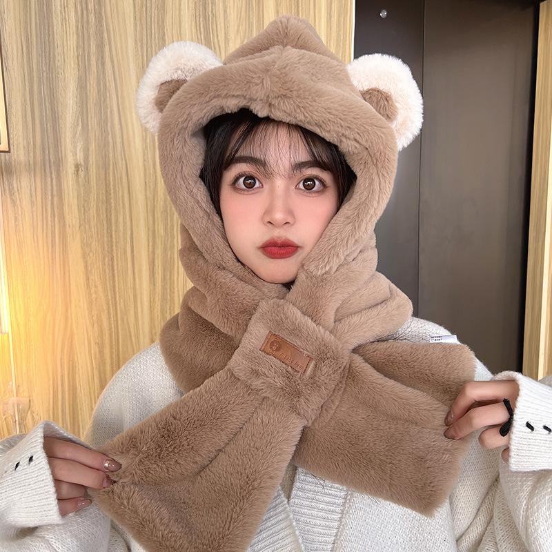 Lei Feng Hat Cold Proof and Warm Plush Bear Hat  Scarf One Piece Hat  Winter Scarf Two Piece Set Cycling One Piece Hat
