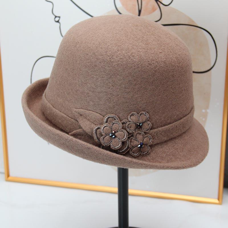 Autumn and winter picaro new wool pot hat flower crimped bucket hat women middle-aged and elderly mother old hat