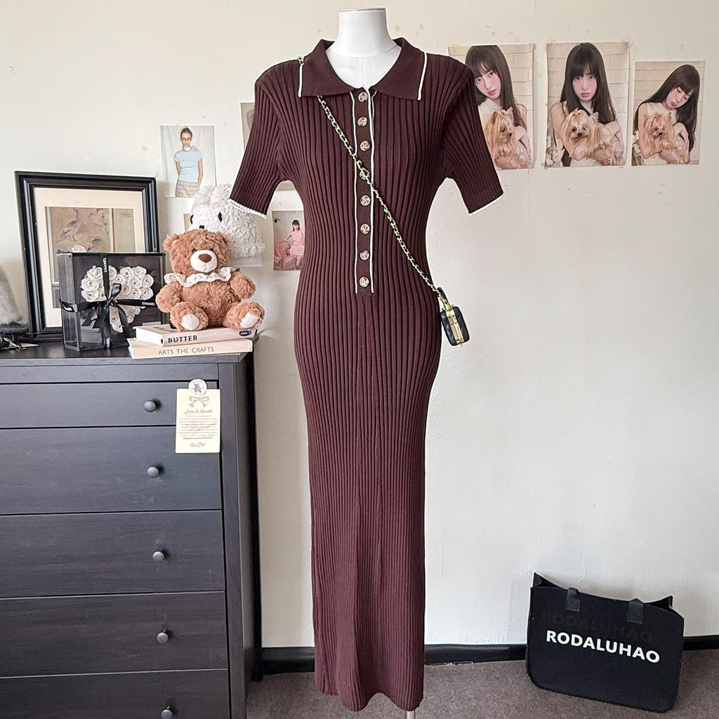 Short-sleeved Lapel Knitted Skirt Women's 2025 Summer and Autumn New Pit Strip Single-breasted Tight Mid-length Dress