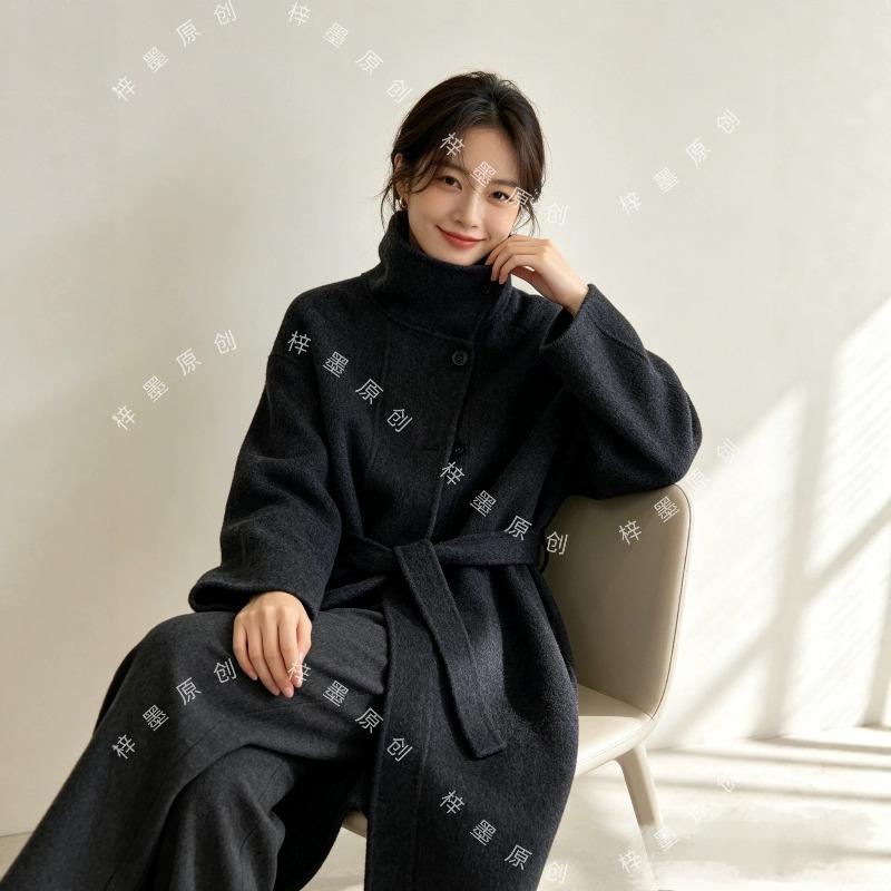 Classic autumn and winter stand-up collar loose and lazy thickened medium and long double-sided wool coat for women