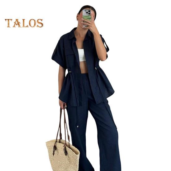 

Комплект из 2 предметов: летняя женская рубашка и брюки, стиль карго, короткие рукава, отвороты, застежка на пуговицы, блузка, эластичный пояс, брюки с боковыми карманами L темно-синий