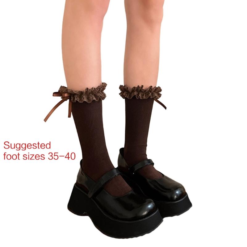1 Pair Ruffle Ankle Socks Sweet Frilly Socks Ballet Socks for Girls with Bows Lace Top Sock Princess Style Dress Socks