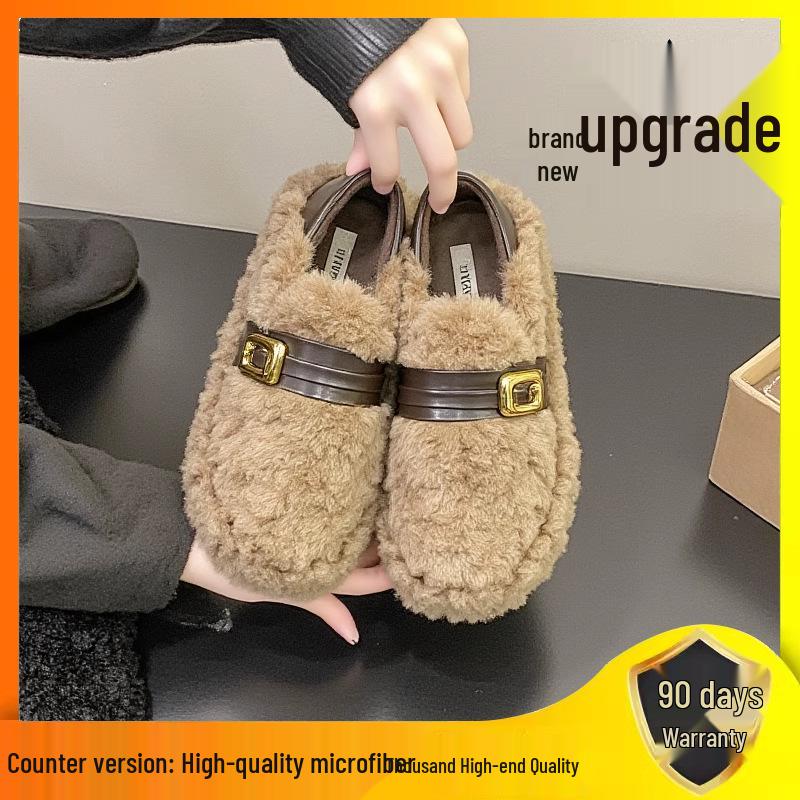 Lambswool Women's Fuzzy Winter Shoes 2025 - Fleece-lined, Thick Sole, Buckle, Warm Maternity Cotton Bean Shoes
