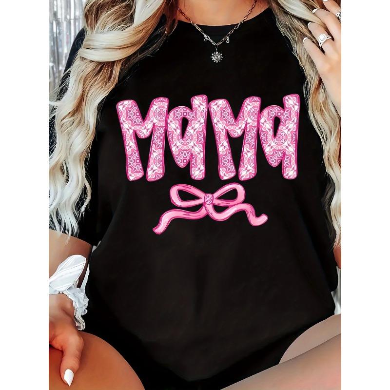 

European Size Women s Casual Mama Graphic T-Shirt - Short Sleeve, Round Neck, Black with Pink Leopard Print Lettering & Bow Design,for Spring/Summer 4XL чорний