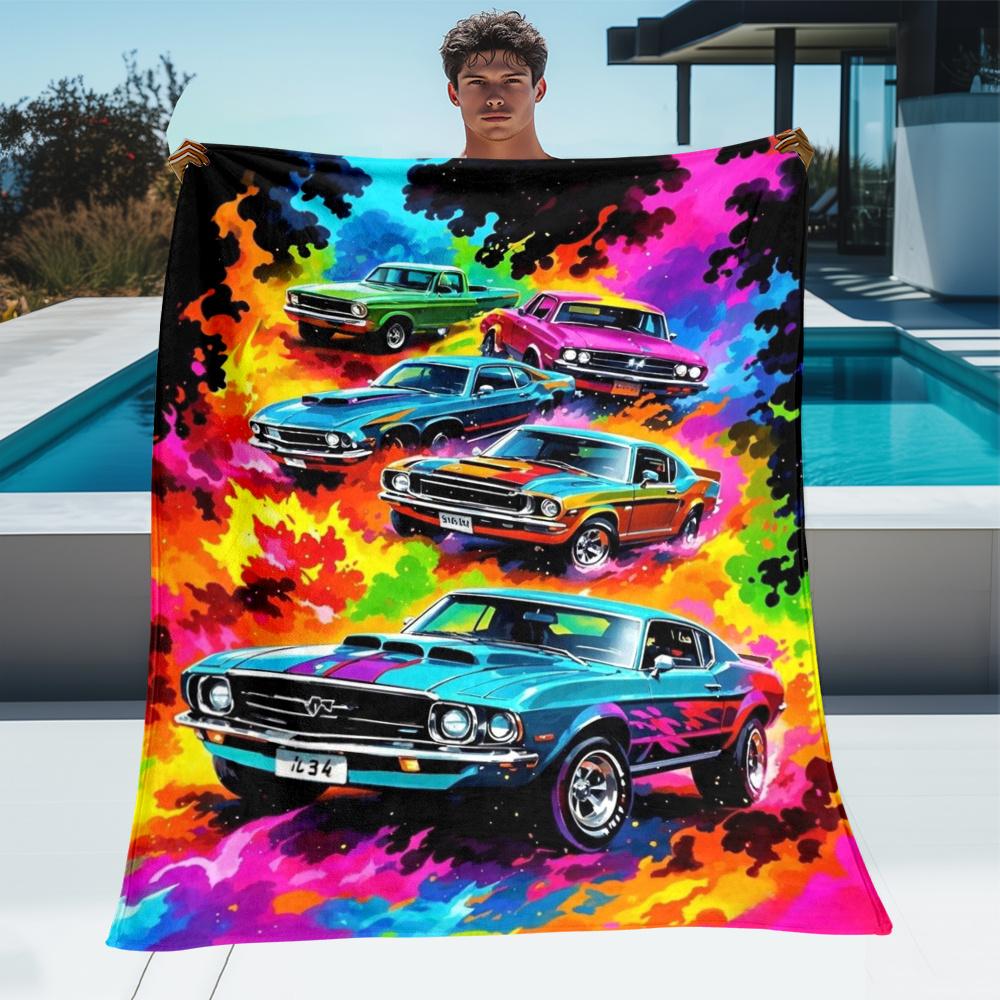 Classic Muscle Cars Retro Automotive Art Blanket Flannel Soft Throw Blanket for Car Enthusiasts Garage DecorVintageVehicleDesign 75X95CM