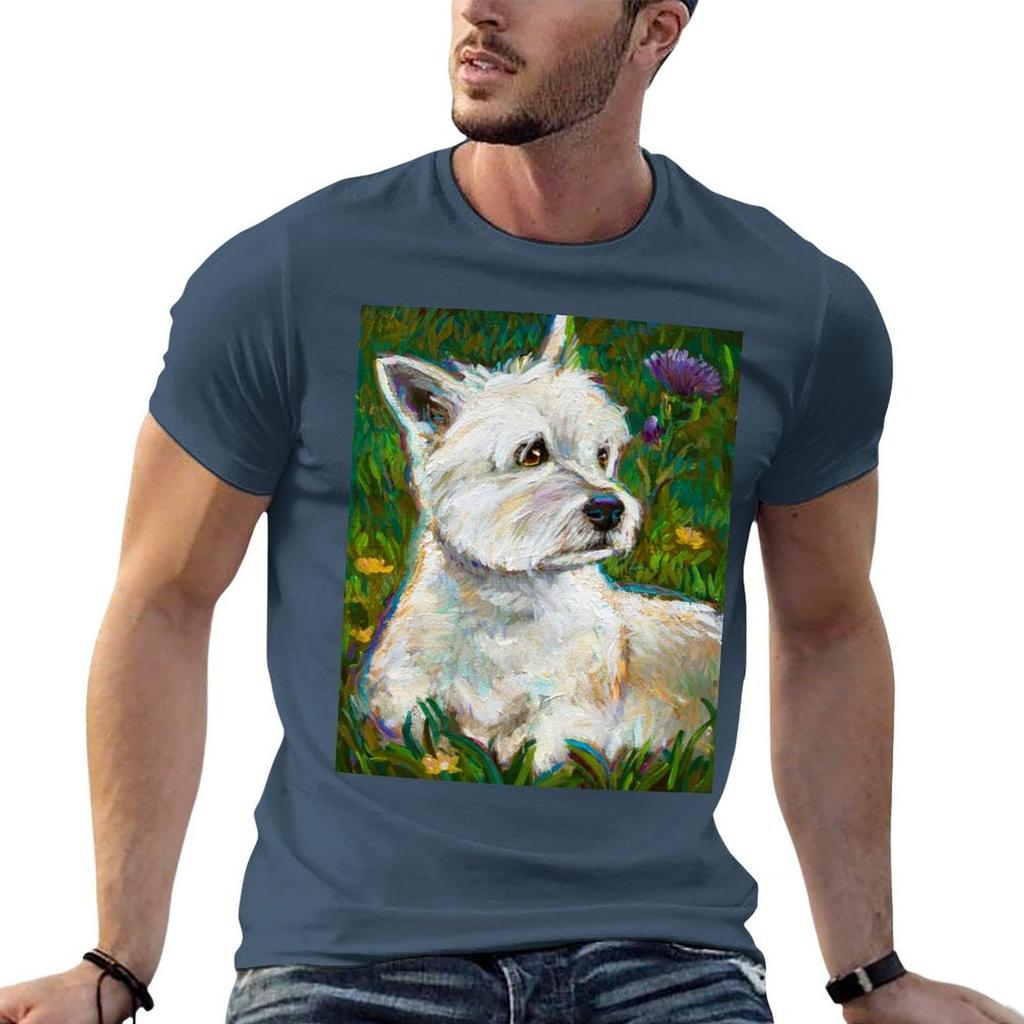 Cute Westie In Sunny Field with Flowers TShirt Cotton T Shirt Unisex Printed T Shirts for Unisex T Shirt Unisex Luxury Tshirt