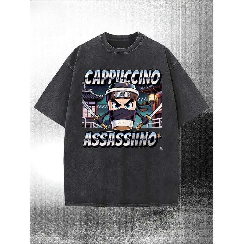 

Central Graphic of a Ninja Samurai Character with a Cappuccino Cup, Accompanied by Bold White Text in Blue Outline That Reads Cappuccino/ Assassino S чёрный