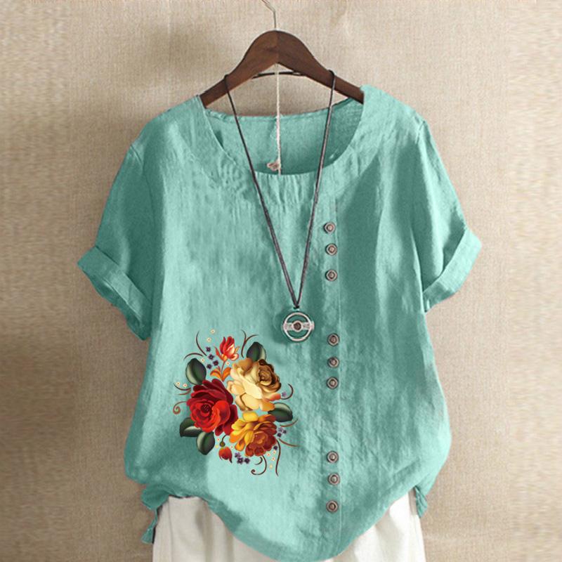 

Женская модная футболка с круглым вырезом и коротким рукавом, повседневная хлопковая льняная рубашка с рисунком, свободная летняя блузка с принтом цветов и растений для отдыха, топы больших размеров S озеро синий