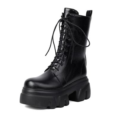 PU Autumn Winter Shoes Flat Platform Super Size Motorcycle Boots Round Toe Keep Warm Lace Up Size 44 Ankle Boots
