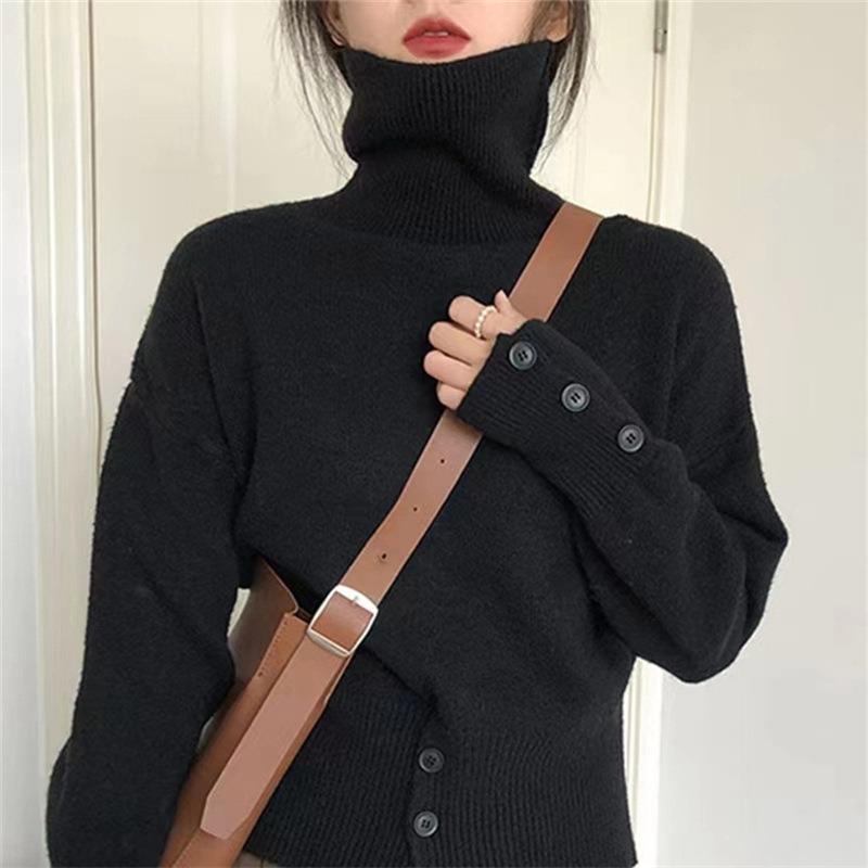 Design Sense High Waist Button Pullover Turtleneck Sweater Women's Autumn and Winter Retro Lazy Style Wear Knitted Sweater