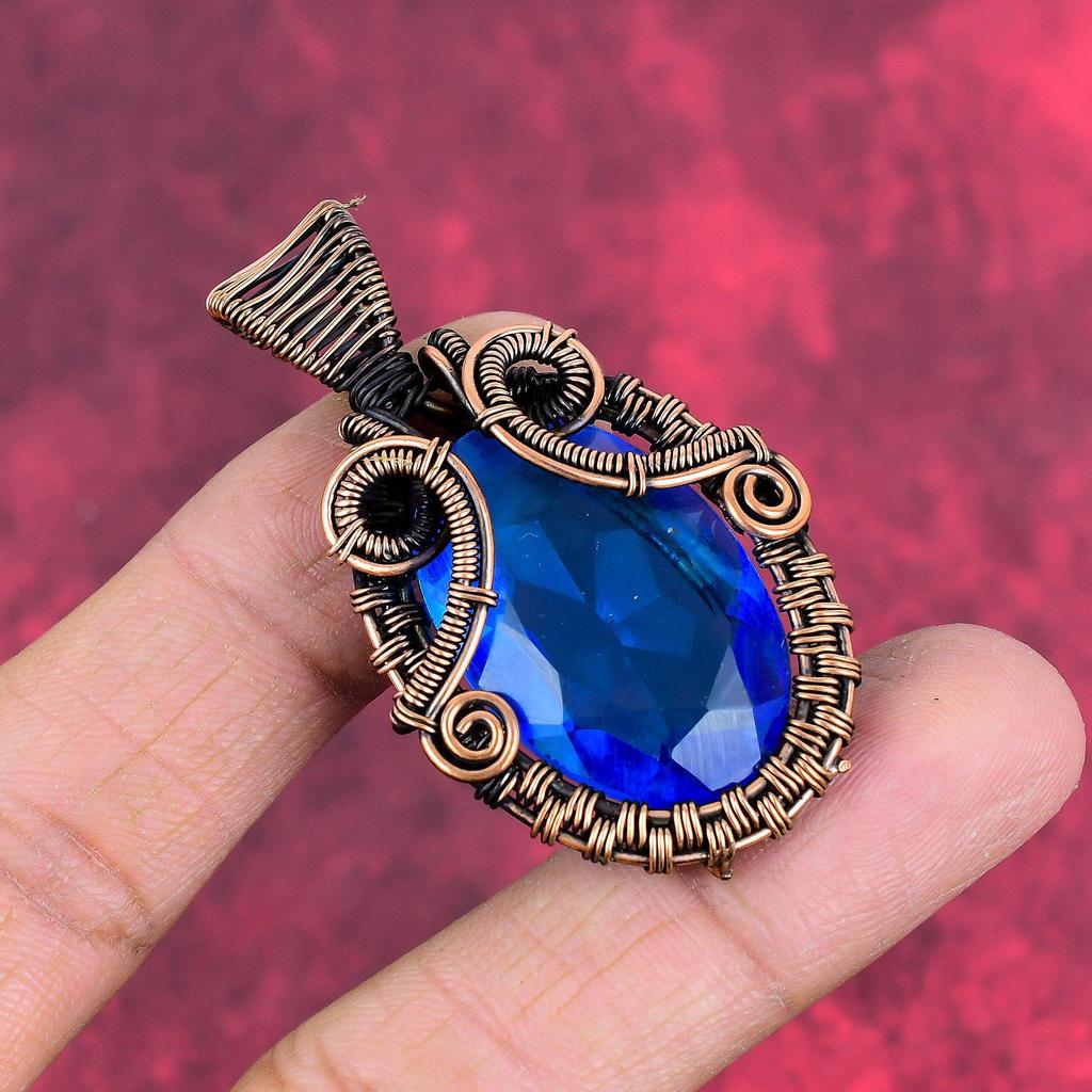 Facettierter London Blue Topas Anhänger Kupferdraht umwickelter Anhänger Edelstein Schmuck Handgefertigter Kupferschmuck Neuestes Design Anhänger Geschenke für Frauen