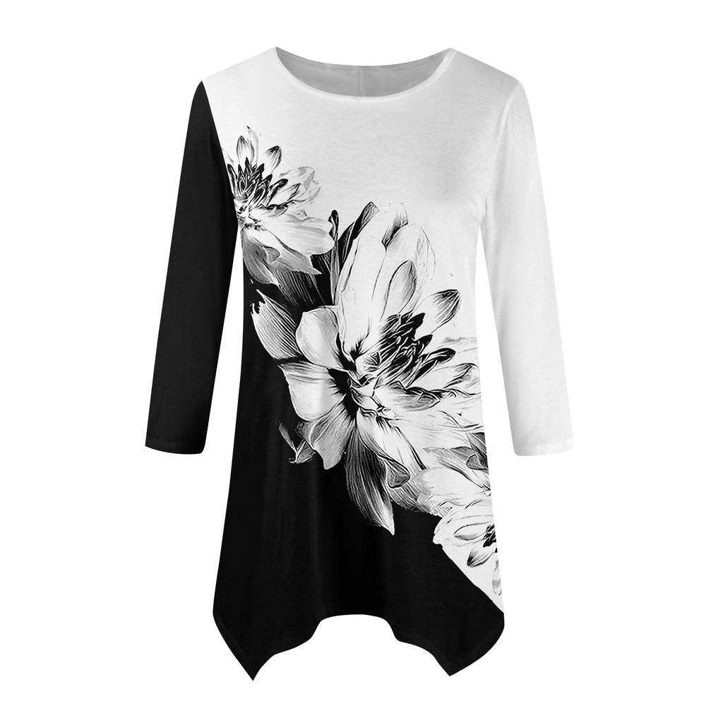 Dámská móda Ležérní tričko s kulatým výstřihem a květinovým potiskem, sedmirukávové, s páskem, volný pohodlný top