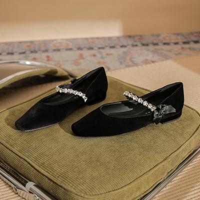 22306 Flat Shoes Women's Thick Heel New Square Head Rhinestone Word with Mary Jane Shoes French Light Mouth Suede Shoes