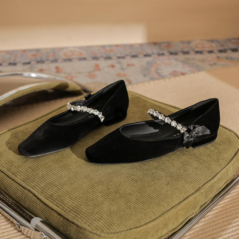 22306 flat shoes women's thick heel new square head rhinestone word with Mary Jane shoes French light mouth suede shoes