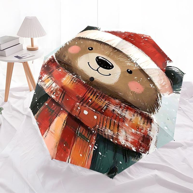 1pc Christmas Bear Plaid Scarf with Santa Hat, Auto Open Close Umbrella, Portable Tri-Fold Design, 8-Bone Iron Frame Outdoor Umbrella, Festive Gift fo