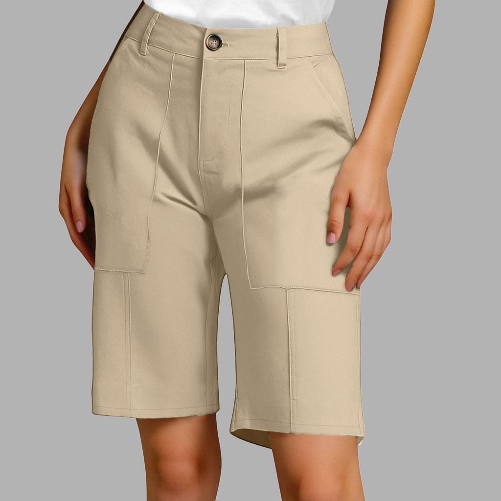 Women's Summer Casual Fashionable Loose And Comfortable Knee High Waisted Elastic Band Pocket Shorts
