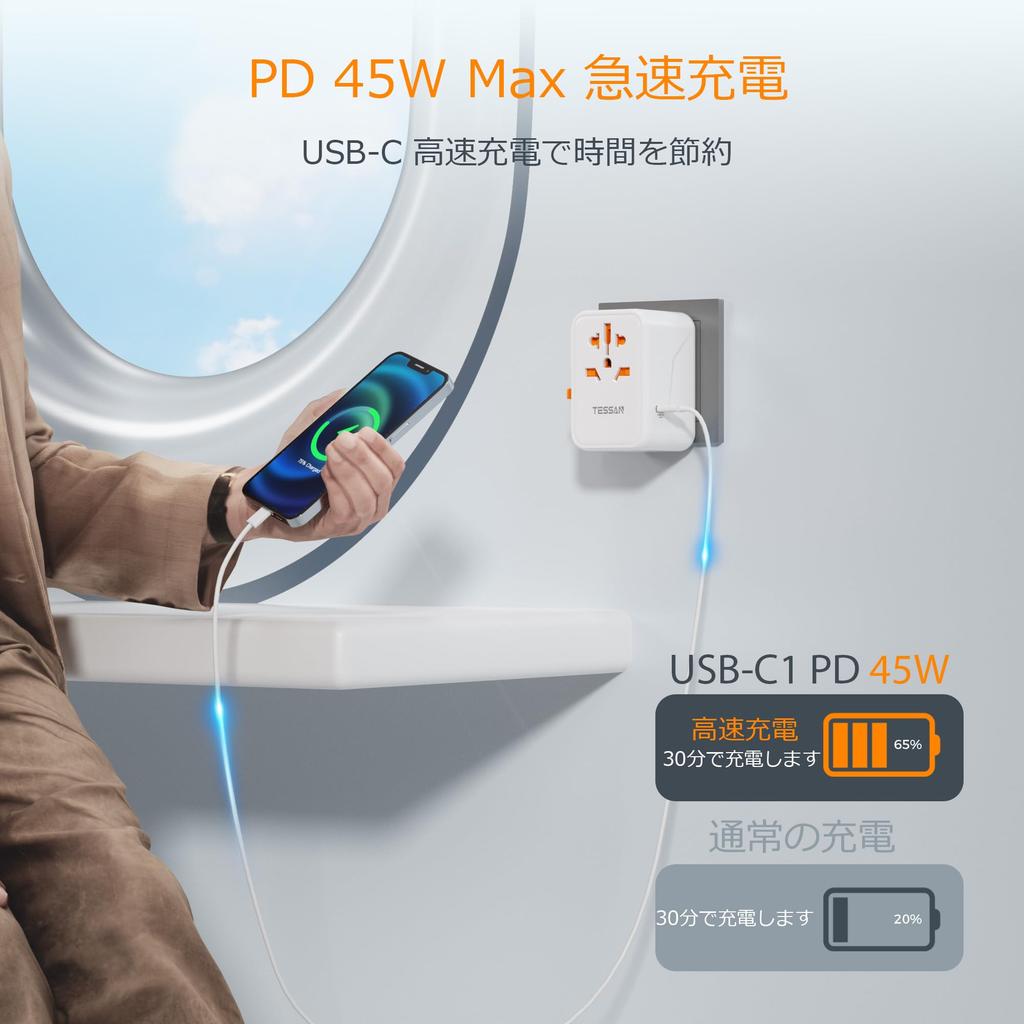 Tessan International Power Outlet Conversion 45W Fast Worldwide with 3 and 2 Compatible with and More Plug, Charging, Compatible, Multi-Conversion