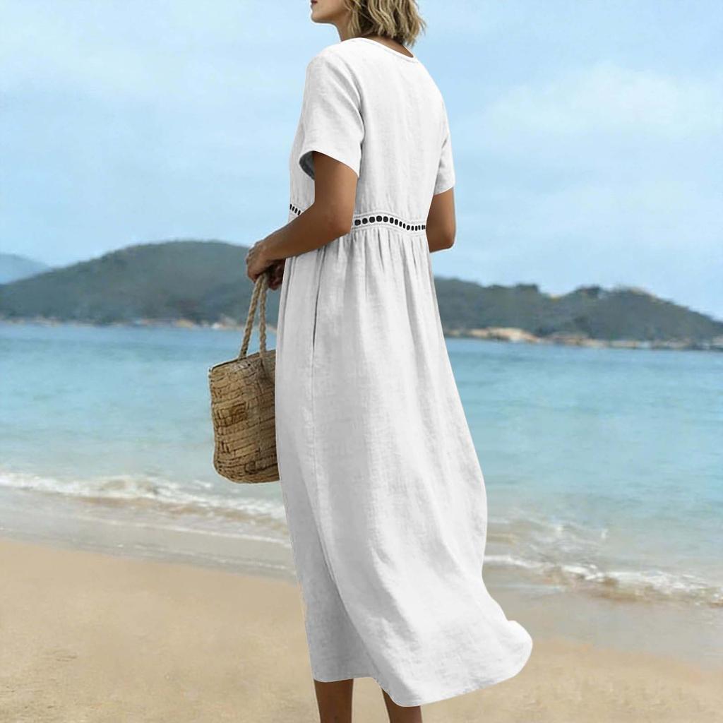 Women's Summer Round V-Neck Short-Sleeve -Color Cotton-Linen Dress With Openwork Lace