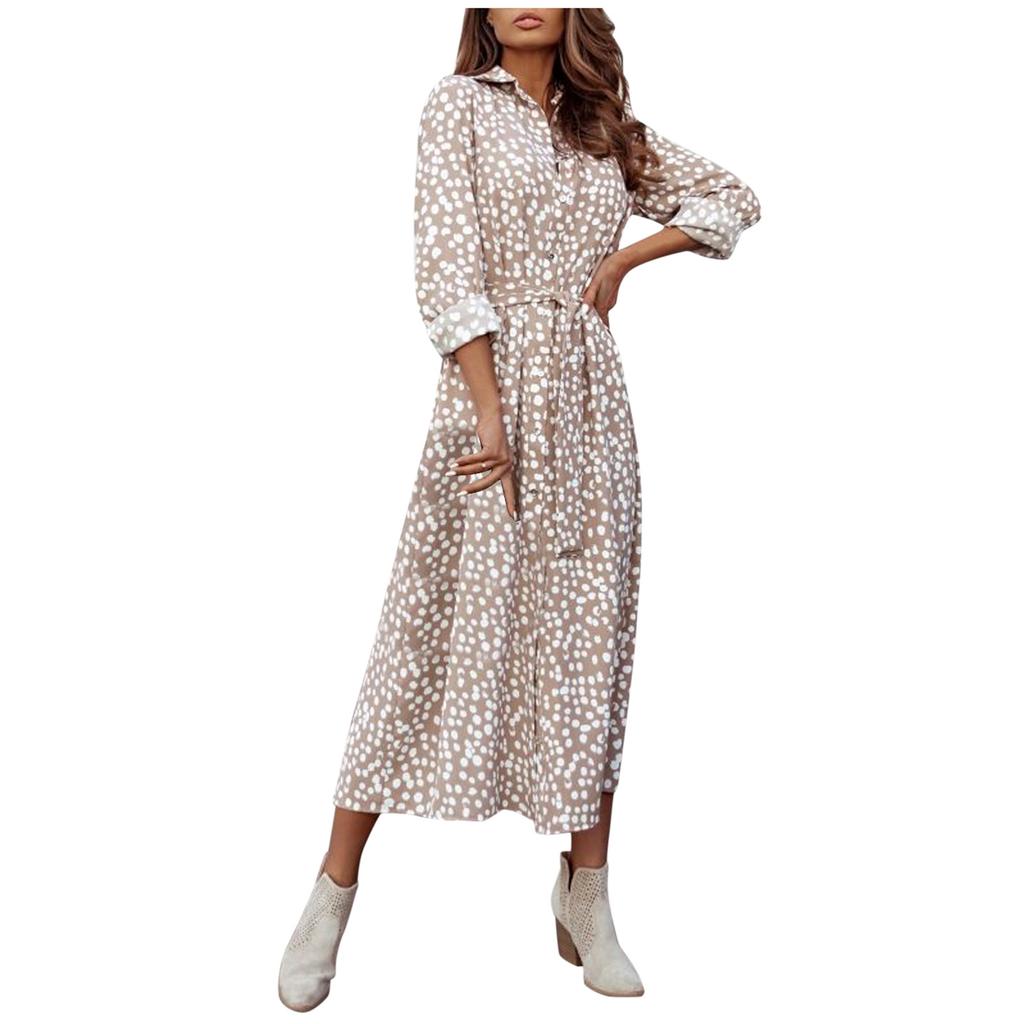 Women Leopard Chiffon Long Sleeve Printing Casual Party Vintage Boho Maxi Dress