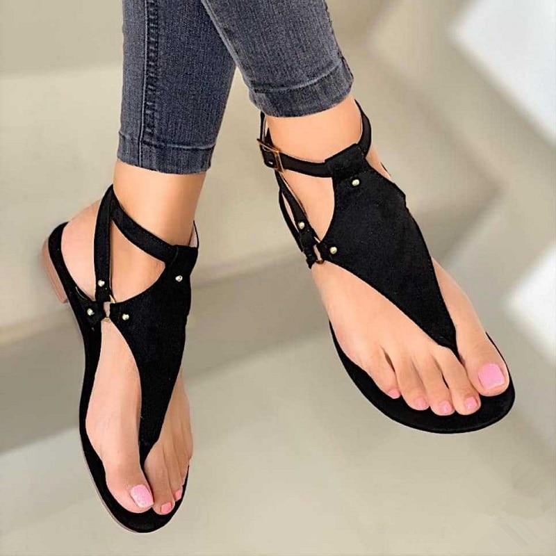 Summer Flat Women Sandals Gladiator Black Open Toe Ladies Beach Sandals Roman Buckle Strap Female Shoes  Big Size Flip Flops