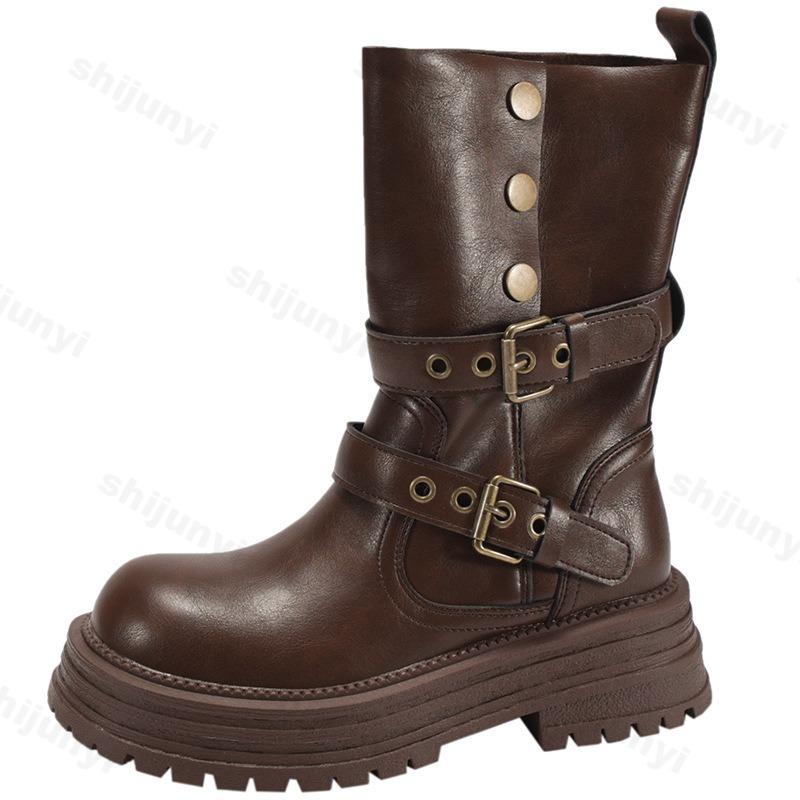 Fashion Women's Boots 2025 Autumn Fashion Retro Comfortable Anti Slip Britain Outdoor Long Boots Chunky Platform PU Leather Botas Mujer