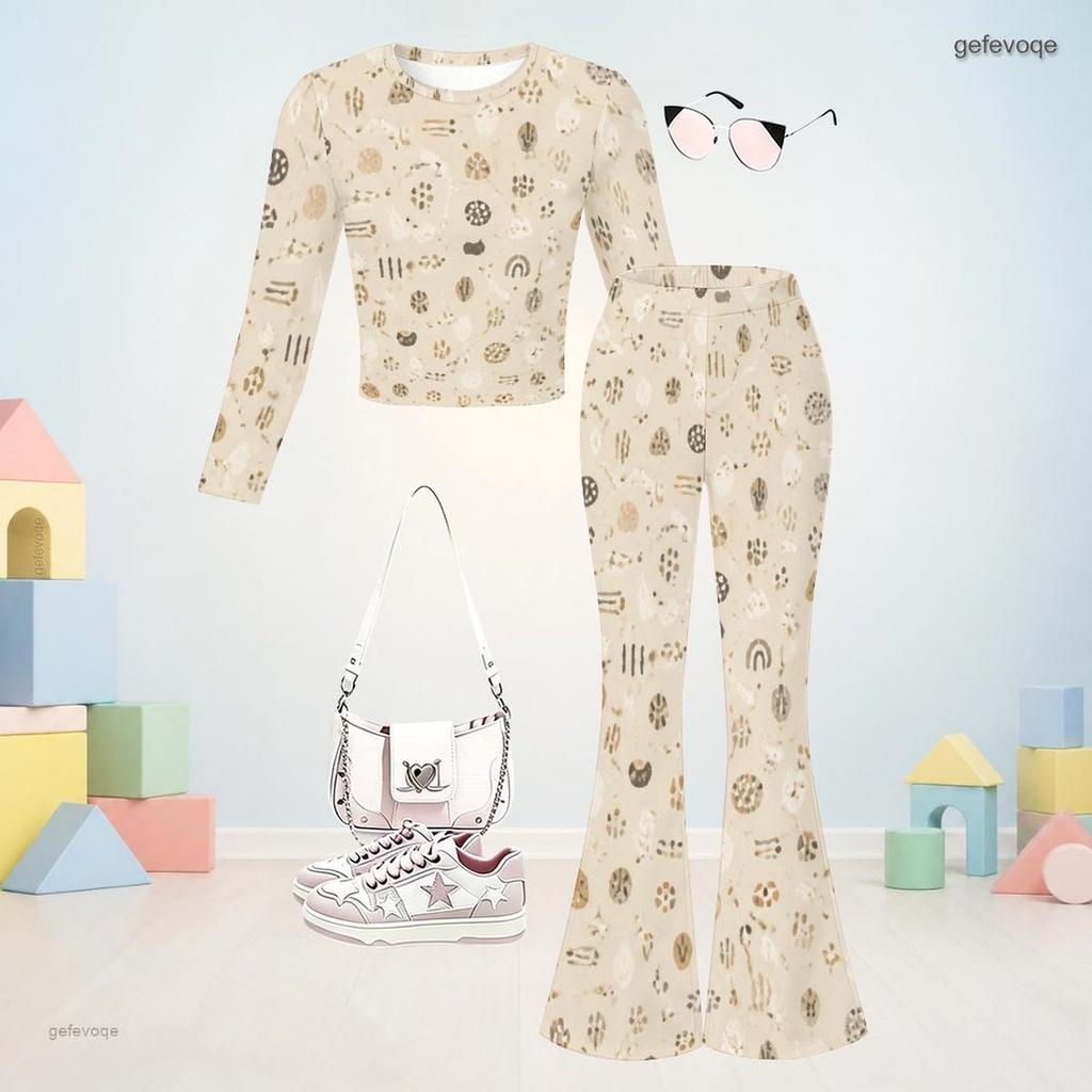 Girls Geometric Printed Round Neck Long Sleeve Crop Top And Flared Pants Two Piece Set