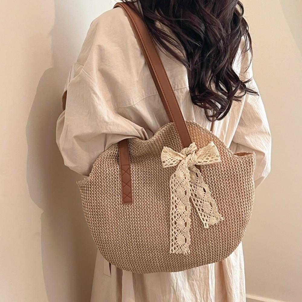 Sweet Straw Woven Tote Bag Large Capacity with Bow Ribb Commuting Shoulder Bag Lightweight Khaki Seaside Vacati Handbag