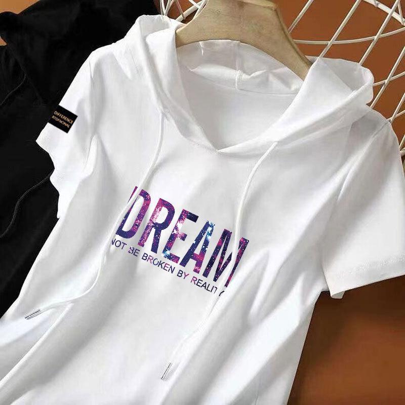 

100% Cotton Ethnic Chinese Style Hooded Sweatshirt - Women s Versatile Loose Fit Short Sleeve T-shirt L (Recommended 100-110 jin) чёрный