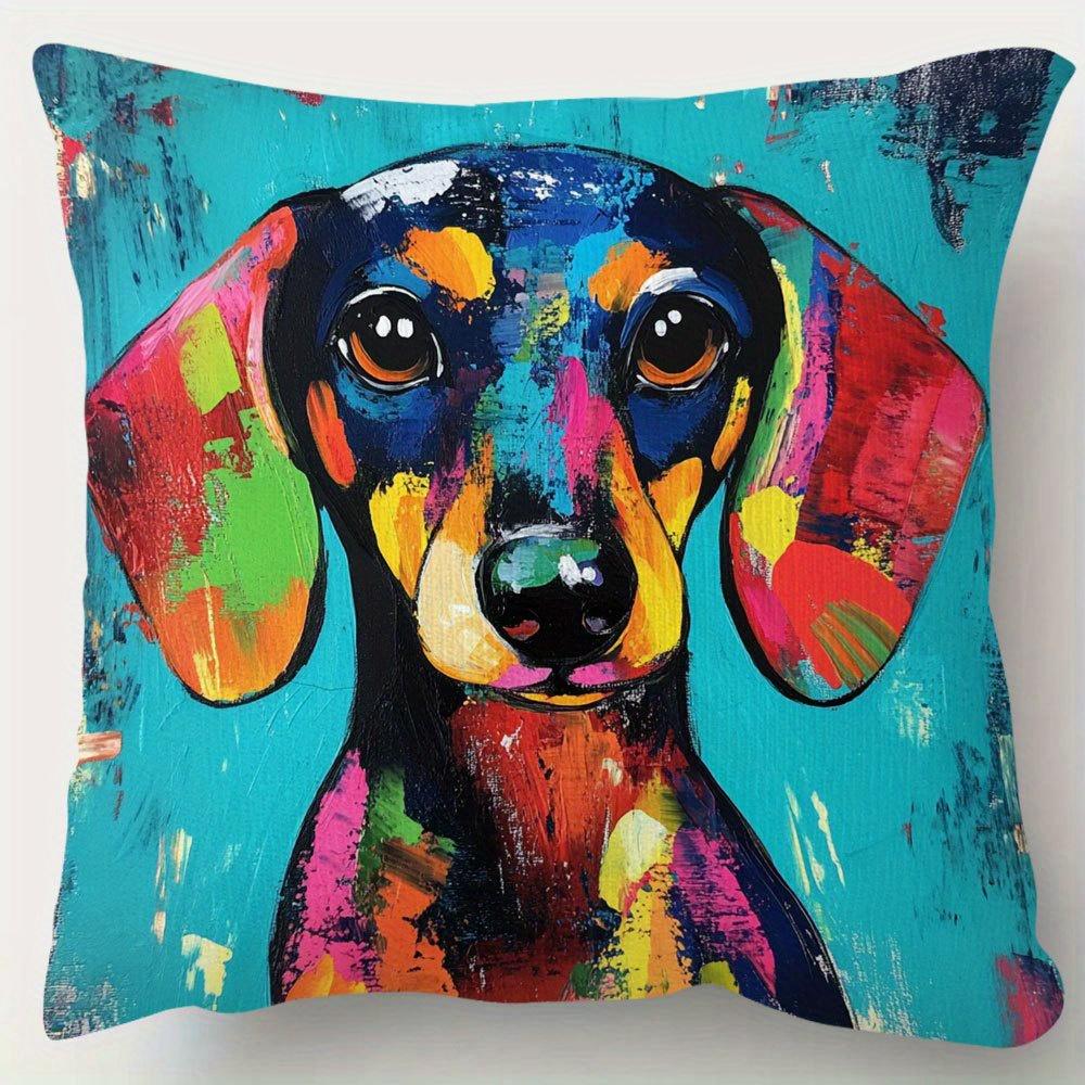 1pc, Short Plush Decorative Pillow Cover, Abstract Color-Blocking Dachshund Fun Pillowcase, Single-Sided Printing, 45.72X45.72 cm, for Sofa, Living Ro