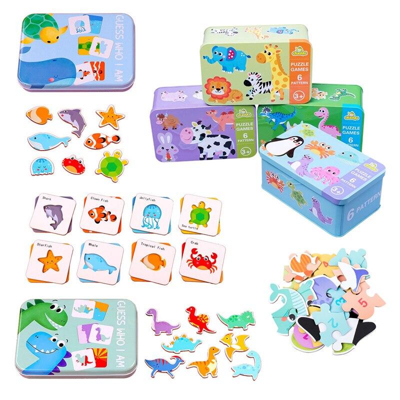 Kids Wooden Jigsaw Puzzle with Iron Box Children Early Learning Metal Box Puzzle Toys Boys Girls Baby Montessori Educational Toy