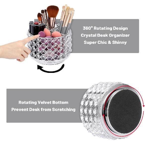 BTSKY Crystal 360 Degree Rotating Desk Organizer Decorative Storage Box with 4 Compartments, Glitter Metal Makeup Brush Holder Elegant Storage Caddy