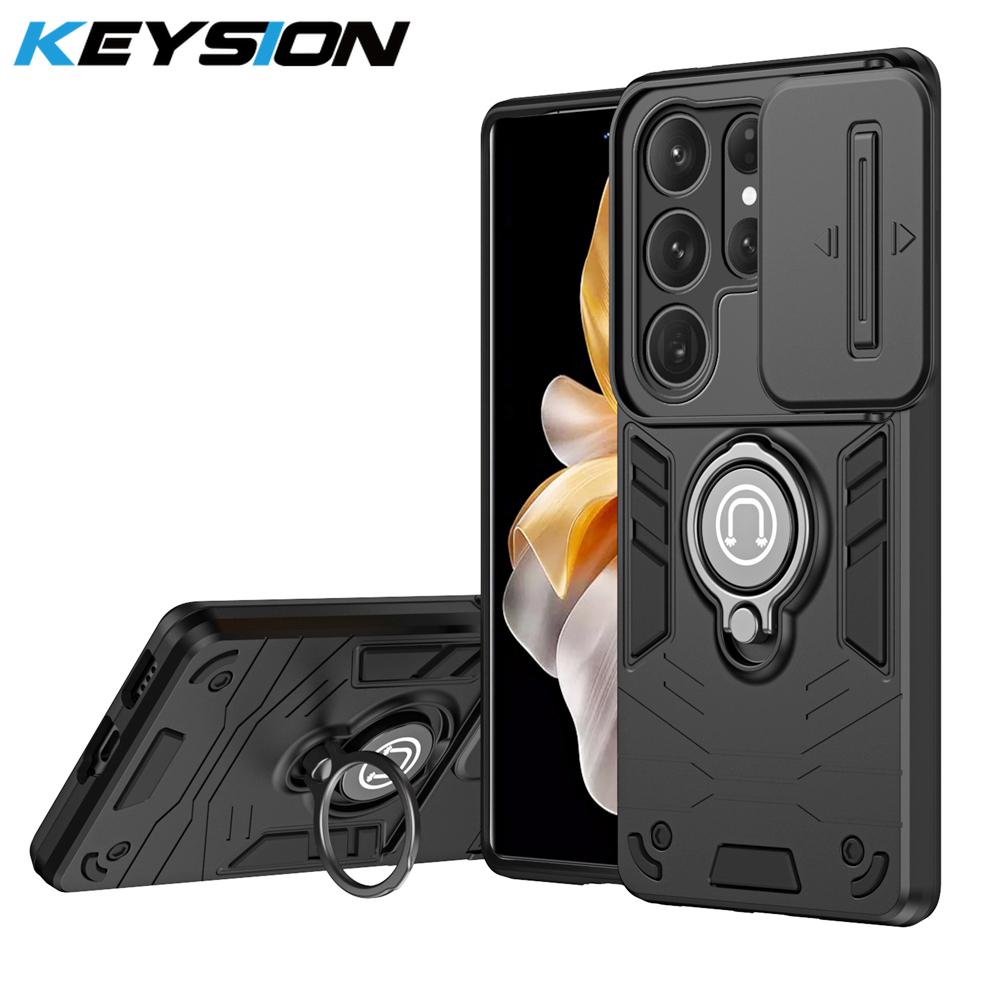 KEYSION Shockproof Armor Case for Samsung S26 Ultra 5G Slide Camera Protection Ring Stand Phone Cover for Galaxy S26+ S26 Ultra