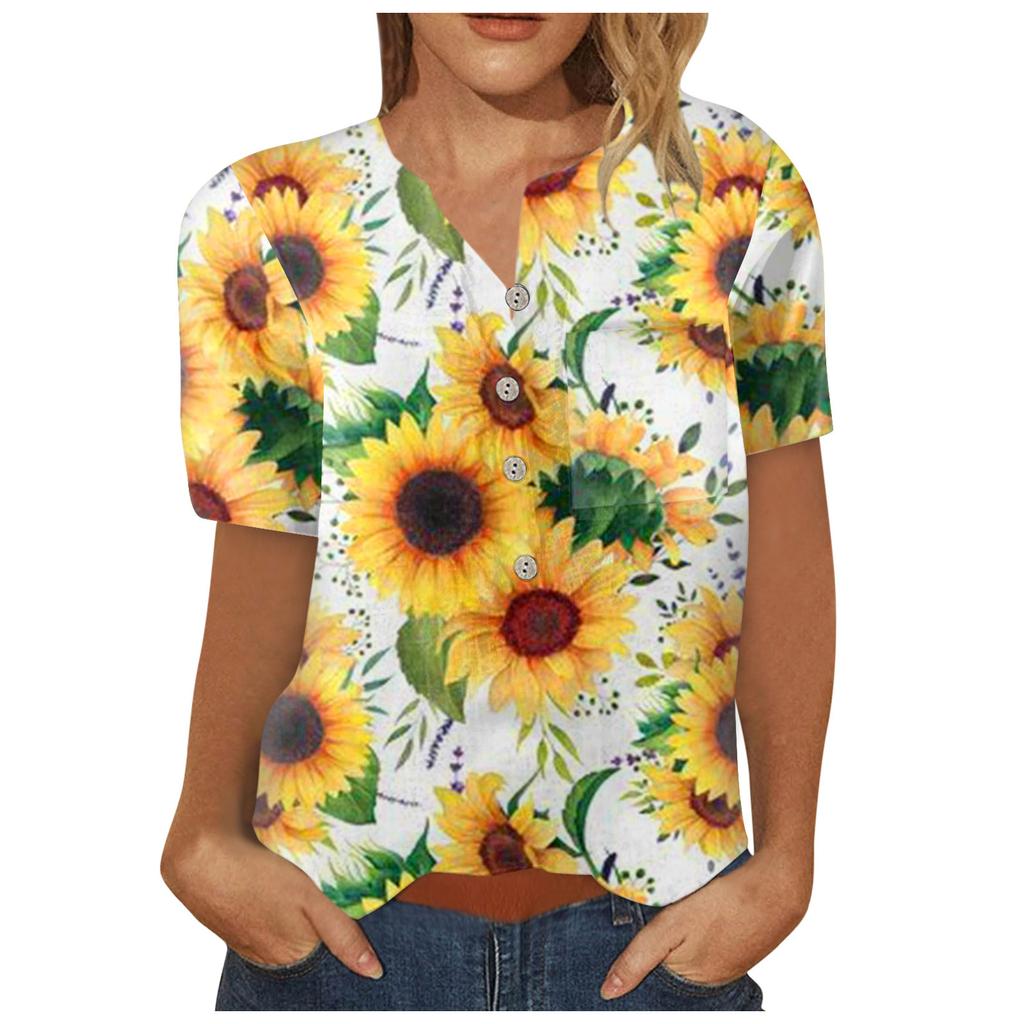 Women's Fashion Printed Pattern Button Down Chest Pocket Short Sleeve Shirt