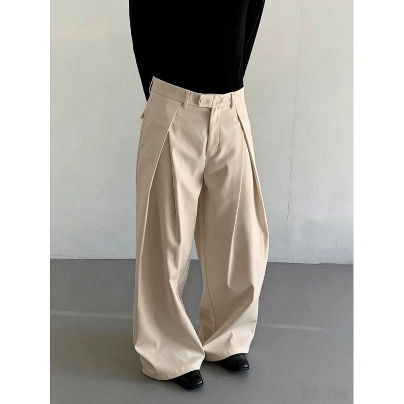 Hong Kong style wide-leg trousers loose drape three-dimensional design wrinkled men's silhouette non-ironing casual straight trousers men