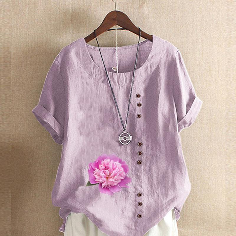 Women's Fashion Round Neck Short Sleeve T-shirt Casual Cotton Linen Graphic Shirt Flower Prined Summer Blouse Tops