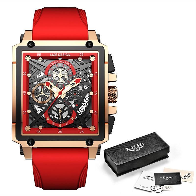 LIGE Watch Men Relojes Hombre Square Chronograph 30M Waterproof Quartz Mens Watches Luxury Silicone Mens Bracelet Wrist Watch красный