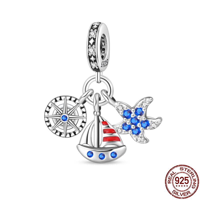 Copper Travel Series-Beach Ocean Suitcase Charms Fit Original 3Mm Pan Bracelet For Women Birthday Fine Jewelry Gift